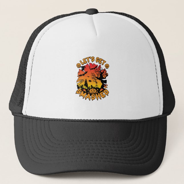 Lets Get Smashed Halloween Pumpkin Spooky Tree Bat Trucker Hat (Front)