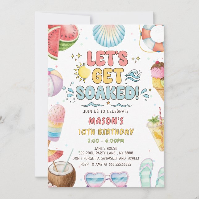 Let's Get Soaked Summer Pool Birthday Party Invitation (Front)