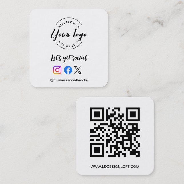 Let's Get Social Media QR code website Custom logo Square Business Card (Front/Back)