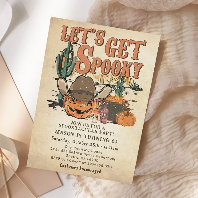Lets Get Spooky Cowboy Pumpkin Halloween Birthday Invitation (Creator Uploaded)