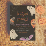 Lets Get Spooky Fun Kids Halloween Birthday Party Invitation<br><div class="desc">Modern Halloween-themed design for a spooktacular party! This birthday invitation features a spider's web in the top left-hand corner, two ghosts, a wizard hat, a pumpkin balloon, and a black and purple bat. Cards reverse to a black and white dotted pattern against an orange background. A gender-neutral design, perfect for...</div>