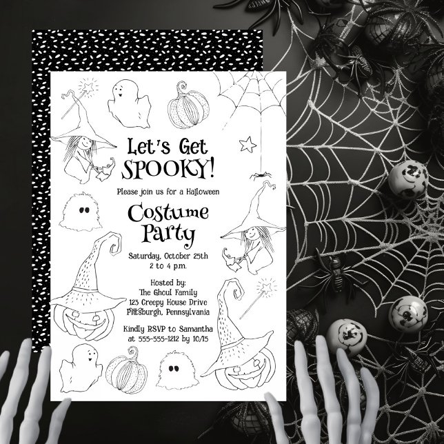 Let's Get Spooky Halloween Costume Party Invitation (Black and white 'Let's Get Spooky!' Halloween Costume Party design.)