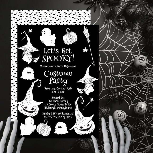 Let's Get Spooky Halloween Costume Party Invitation (Black and white 'Let's Get Spooky!' Halloween Costume Party design.)
