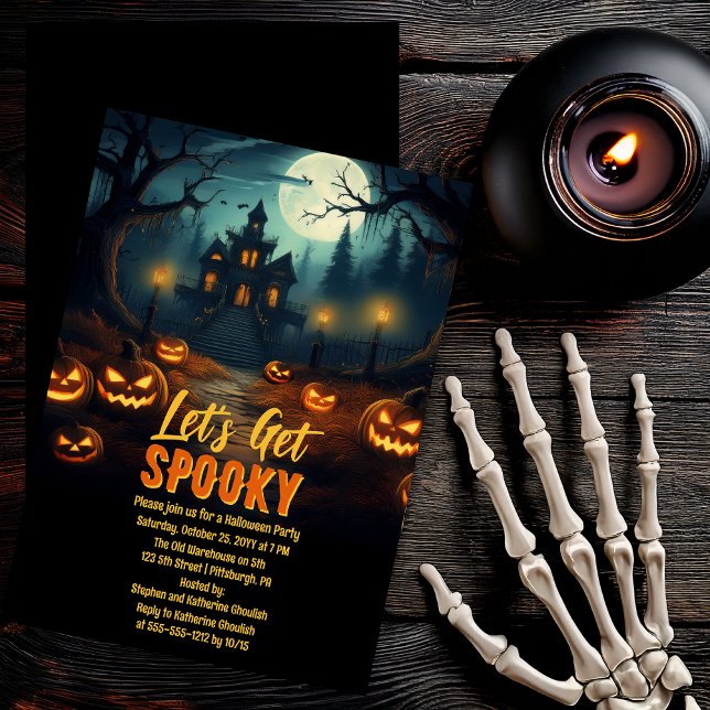Let's Get Spooky Haunted House Halloween Party Invitation ("Let's Get Spooky" Haunted House and Jack-O-Lanterns Full Moon Halloween Party Invitation )