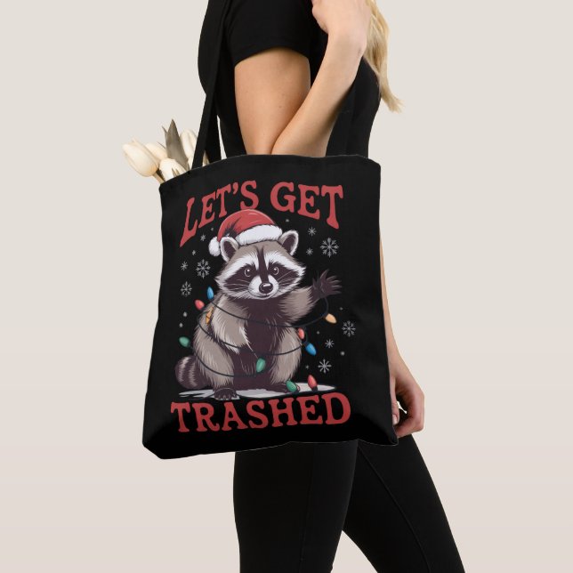 Let's Get Trashed Christmas Racoon Feral Meme Tote Bag (Close Up)