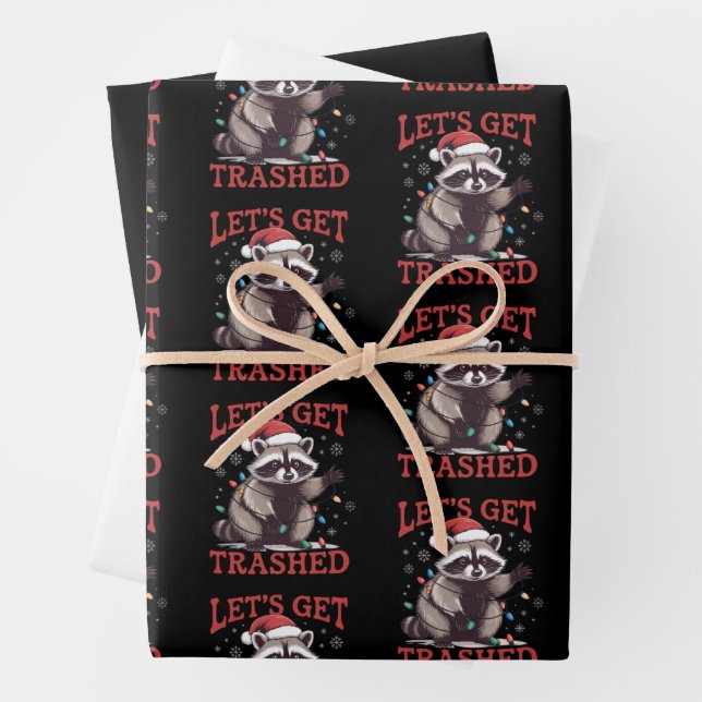 Let's Get Trashed Christmas Racoon Feral Meme Wrapping Paper Sheet (In situ)