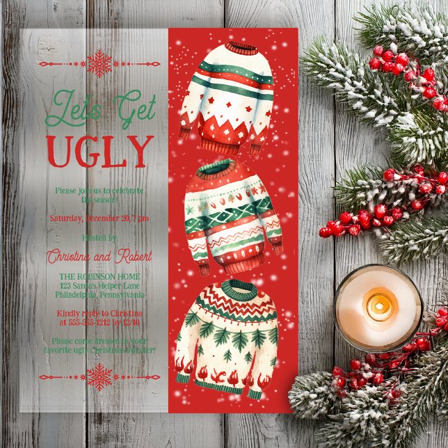 Let's Get Ugly Christmas Sweater Party Acrylic Invitations ("Let's Get Ugly" Retro Ugly Christmas Sweater Holiday Party Acrylic Invitation)