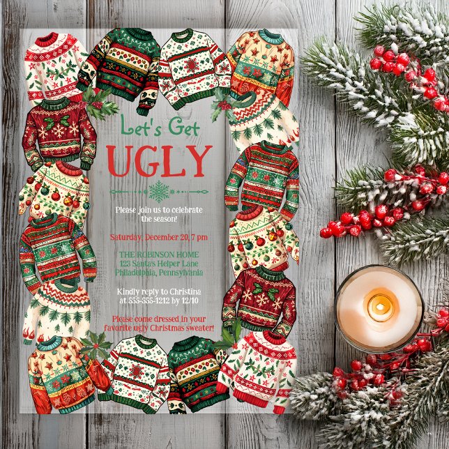 Let's Get Ugly Christmas Sweater Party  Acrylic Invitations ("Let's Get Ugly" Ugly Christmas Sweater Frame Holiday Party Acrylic Invitation)