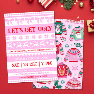 Let's Get Ugly Christmas Ugly Sweater Pink & Red  Invitation