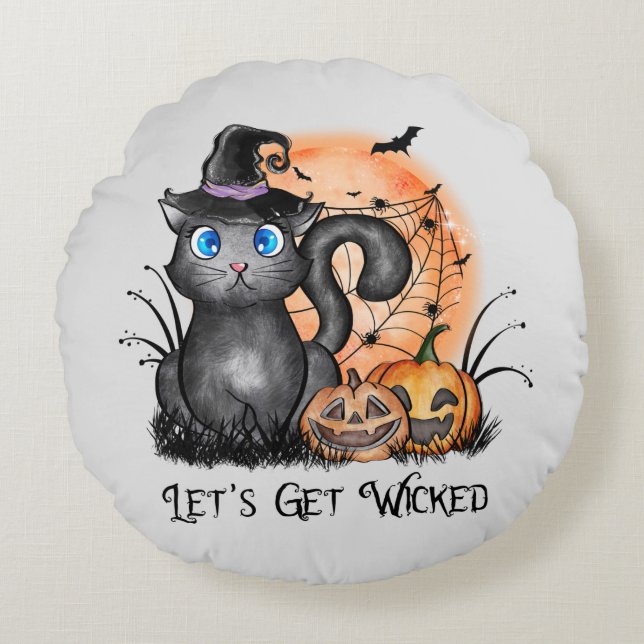 Let's Get Wicked | Black Witch Cat Round Cushion (Front)