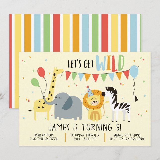 Let's Get Wild Animals Kids Birthday Party Invite (Front/Back)