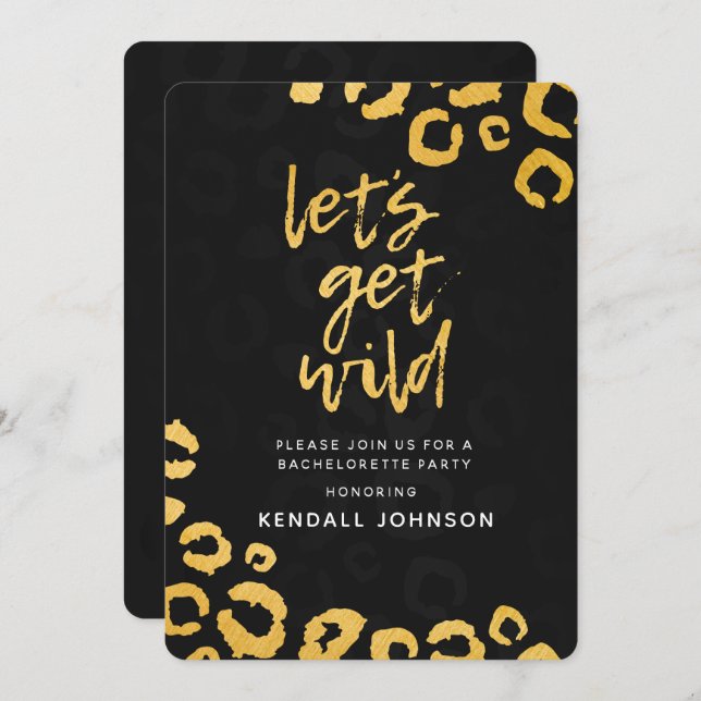Let's Get Wild Black and Gold Leopard Bachelorette Invitation (Front/Back)