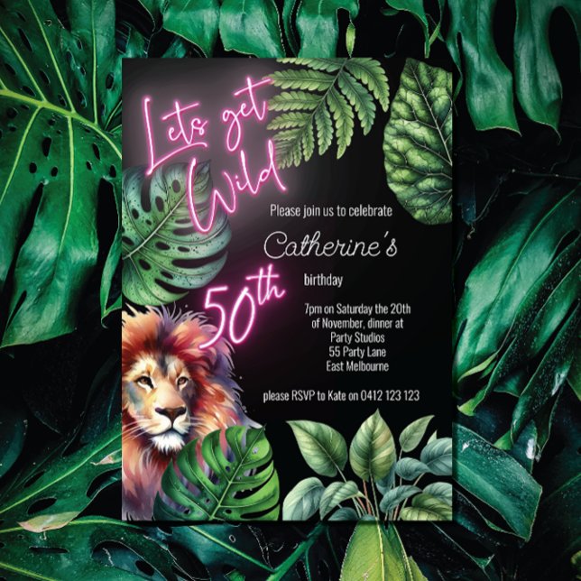 Lets Get Wild Neon Pink 50th Lion Birthday  Invitation (Creator Uploaded)
