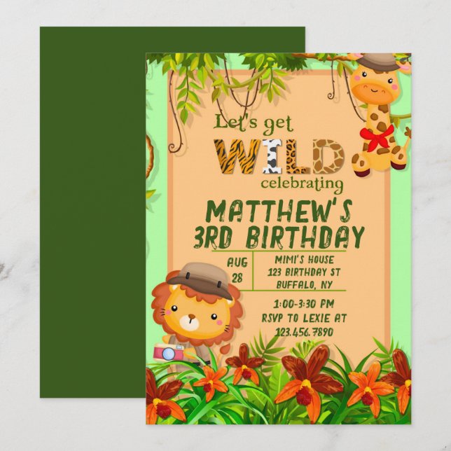 Let's Get Wild Safari Animal Birthday Party Invitation (Front/Back)