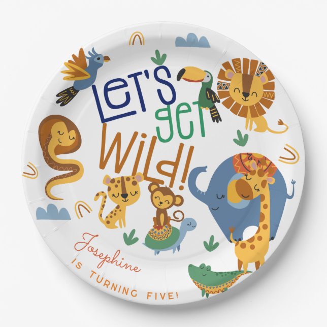 Let's get wild safari animals kids birthday party paper plate (Front)