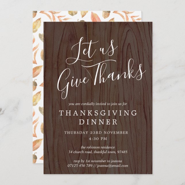 Let's Give Thanks Script Wood Thanksgiving Dinner Invitation (Front/Back)