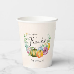 Let's Give Thanks Watercolor Autumn Pumpkin Paper Cups