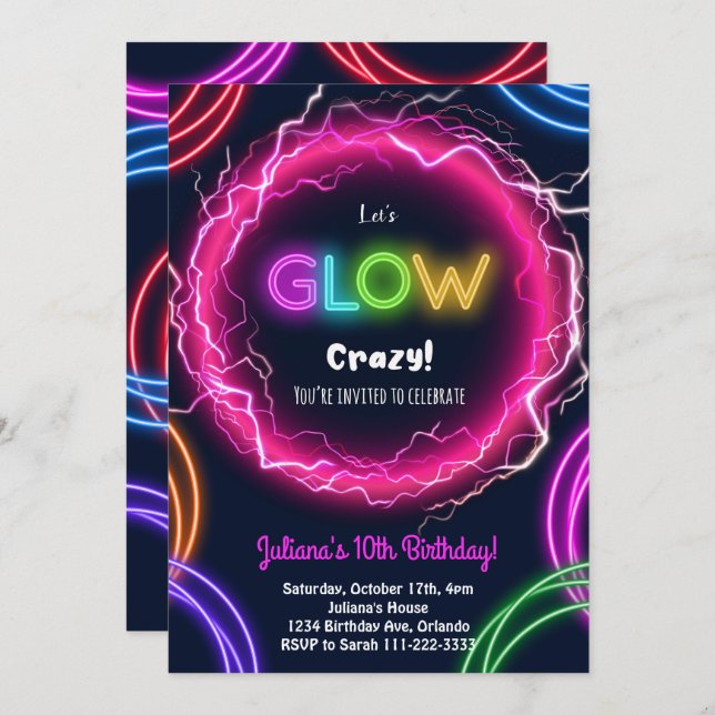 Let's Glow Crazy Birthday Invitation (Front/Back)