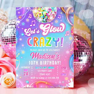 Let's Glow Crazy Disco Neon Glow Girl Birthday Invitation