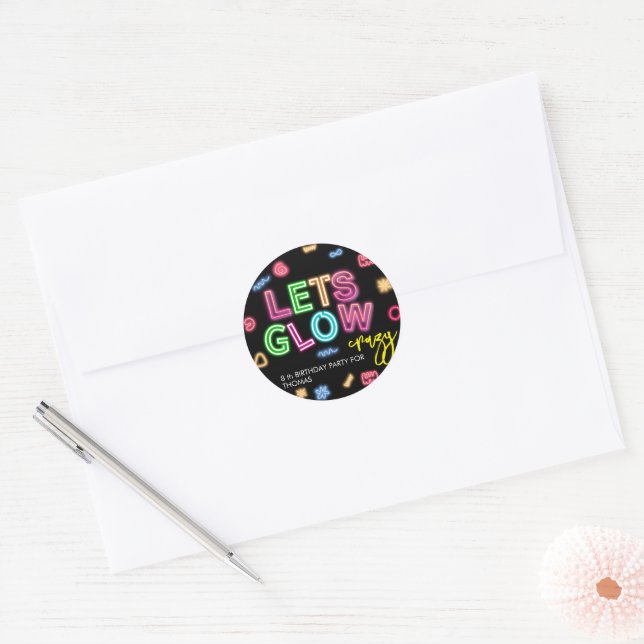 Let's glow crazy neon birthday laser party classic round sticker (Envelope)