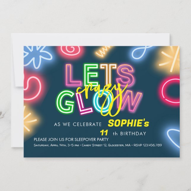Let's glow crazy neon birthday laser party invitation (Front)