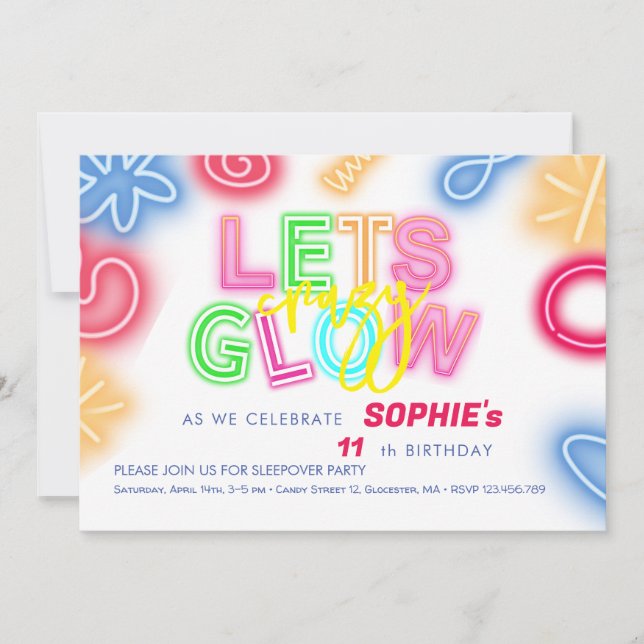 Let's glow crazy neon birthday laser party invitation (Front)