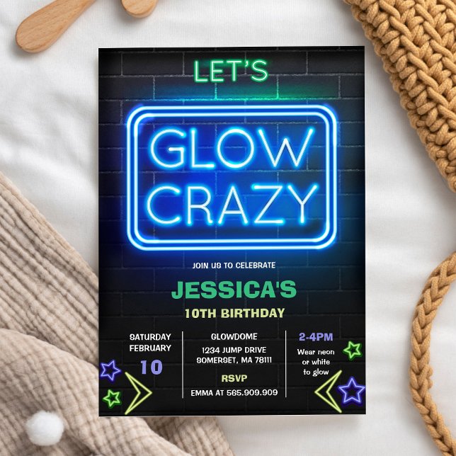 Let's Glow Crazy Neon Birthday Party Invitation (Creator Uploaded)