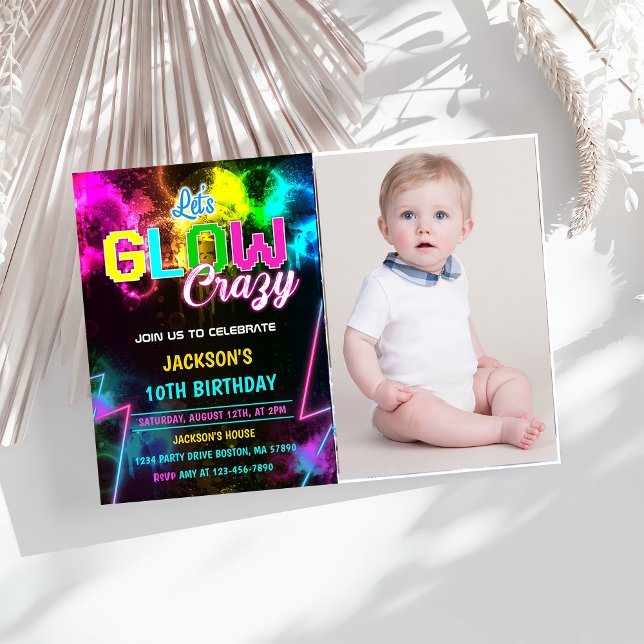 Let's GLOW Crazy Neon Colourful Birthday Party Invitation (Creator Uploaded)