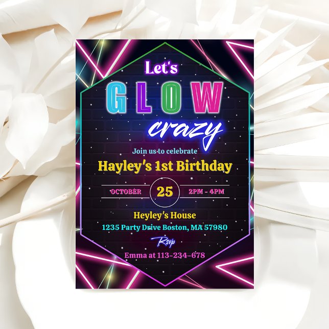Let's GLOW Crazy Neon Colourful Birthday Party  Invitation (Creator Uploaded)