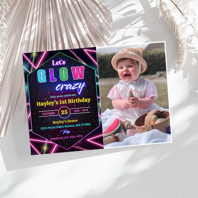 Let's GLOW Crazy Neon Colourful Birthday Photo  Invitation (Creator Uploaded)