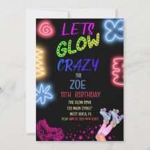 Let's Glow Crazy Neon Skating Birthday Invitation