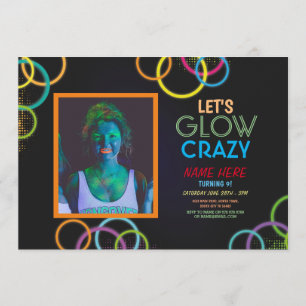 Let's Glow Crazy Photo Birthday Photo Neon Glowing Invitation