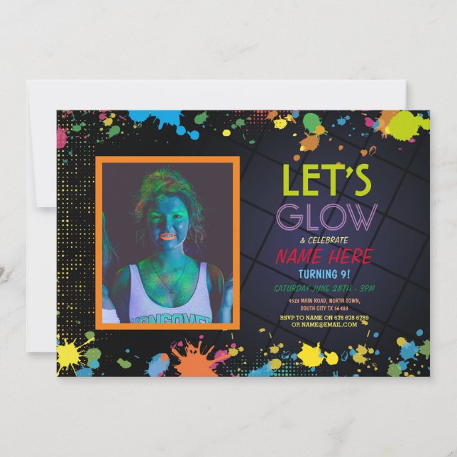 Let's Glow in the Dark Birthday Party Photo Neon Invitation (Front)