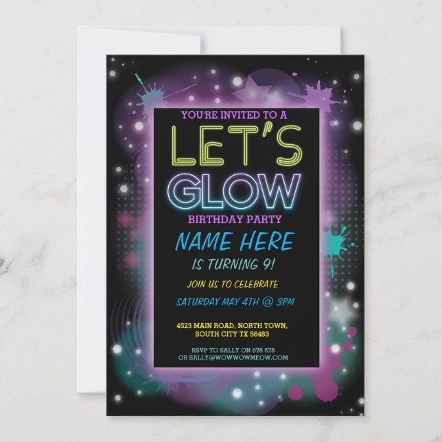 LET'S GLOW INVITE NEON PAINT KIDS BIRTHDAY PARTY (Front)