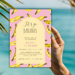 Let's Go Bananas Pink Yellow 1st Birthday Party Invitation