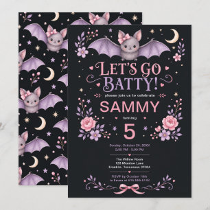 Let's Go Batty Pink Bat Halloween Birthday Invitation