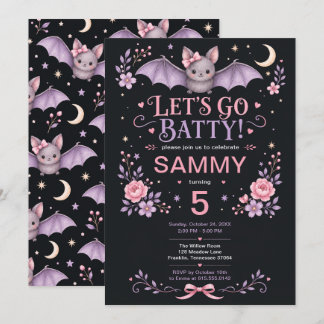 Let's Go Batty Pink Bat Halloween Birthday Invitation