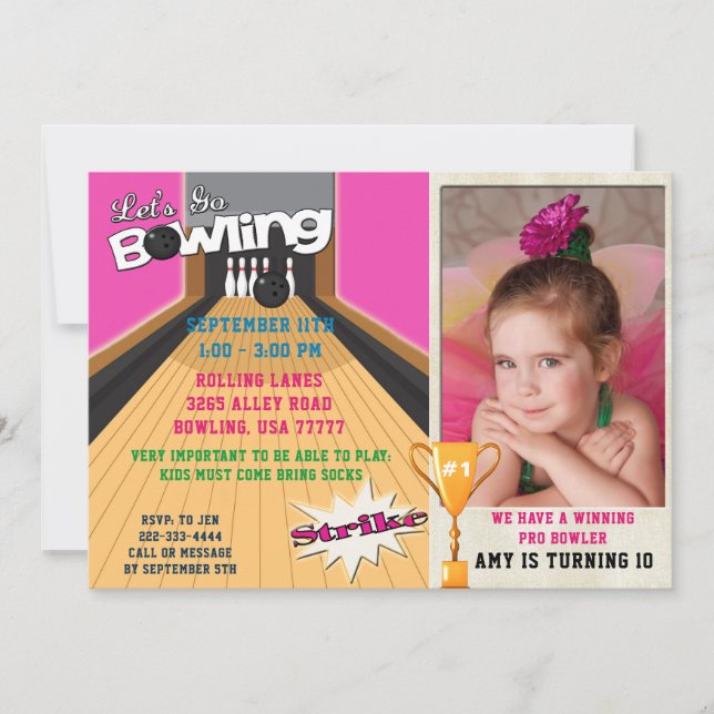 Let's Go Bowling Pink Girls Birthday Photo Invite (Front)