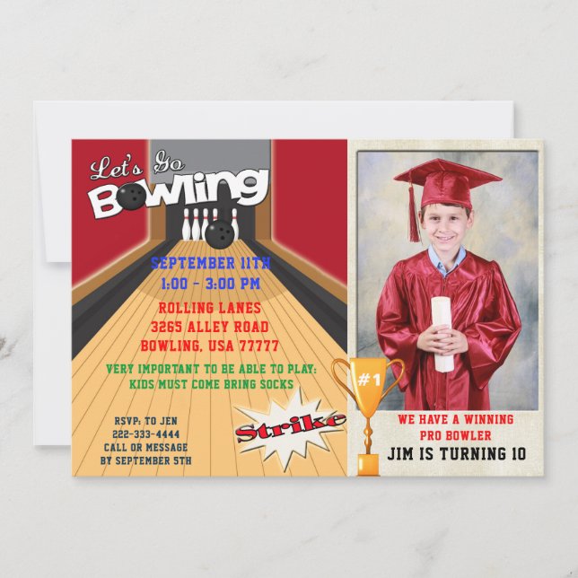 Let's Go Bowling Red Boys Birthday Photo Invite (Front)