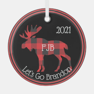 Let's Go Brandon FJB Buffalo Plaid Moose  Glass Tree Decoration