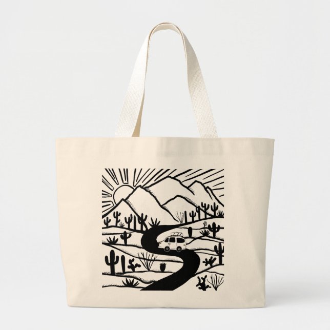Let's go camping! Camper Vanlife Desert Mountains Large Tote Bag (Front)