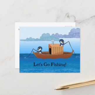 Let's go fishing - cute penguin cartoon card