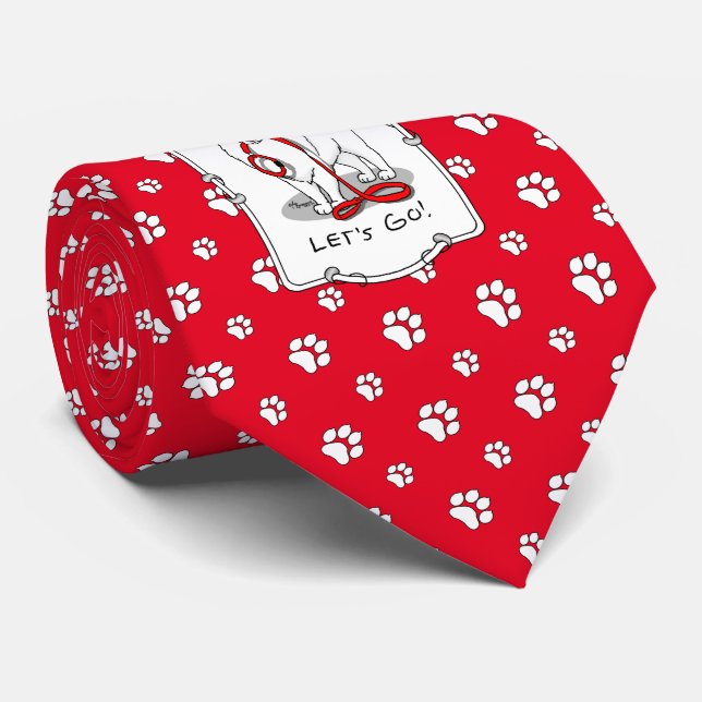 Let's Go! (for a walk) Samoyed w red leash Funny Tie (Rolled)