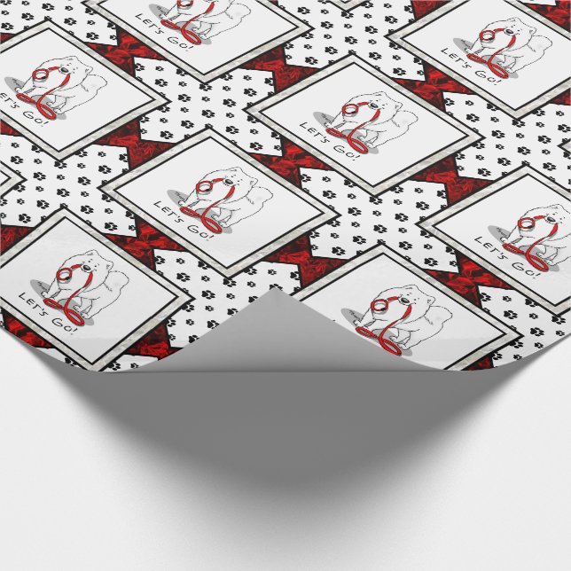 Let's Go! (for a walk) Samoyed w red leash Funny Wrapping Paper (Corner)