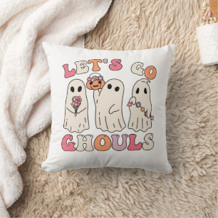 Let's Go Ghouls Groovy Ghost With Vintage Flowers Cushion