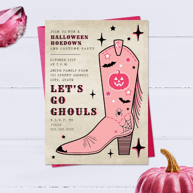 Let's Go Ghouls Halloween Party Pink Cowgirl Boot Invitation (Creator Uploaded)