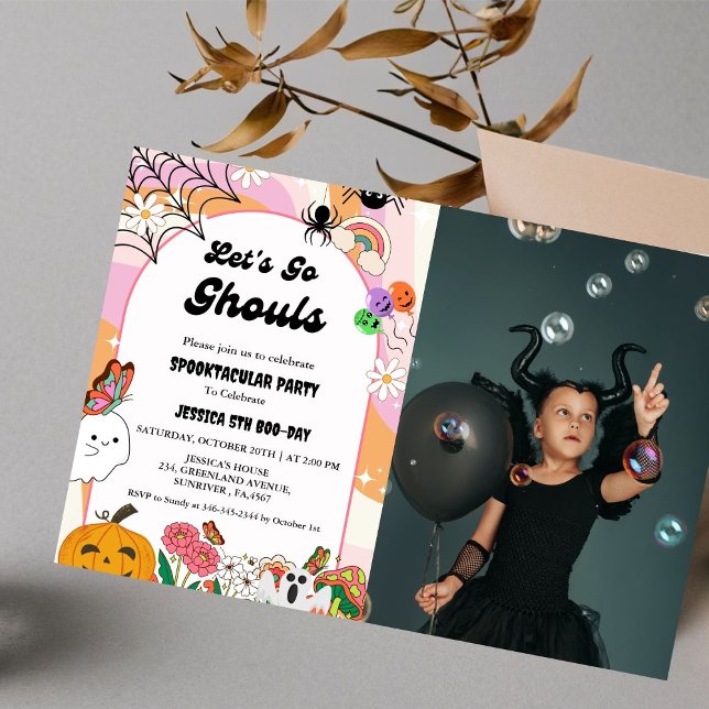 Let's Go Ghouls Halloween Retro Groovy Birthday  Invitation (Creator Uploaded)