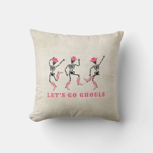 Let's Go Ghouls Halloween Skeletons Pink Cowgirl Cushion (Front)