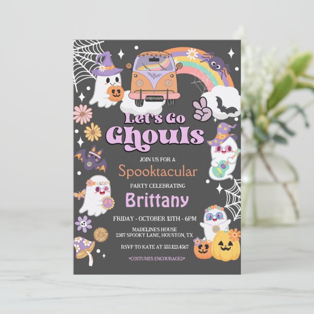 Let''s Go Ghouls Hippie Halloween Party Invitation (Standing Front)