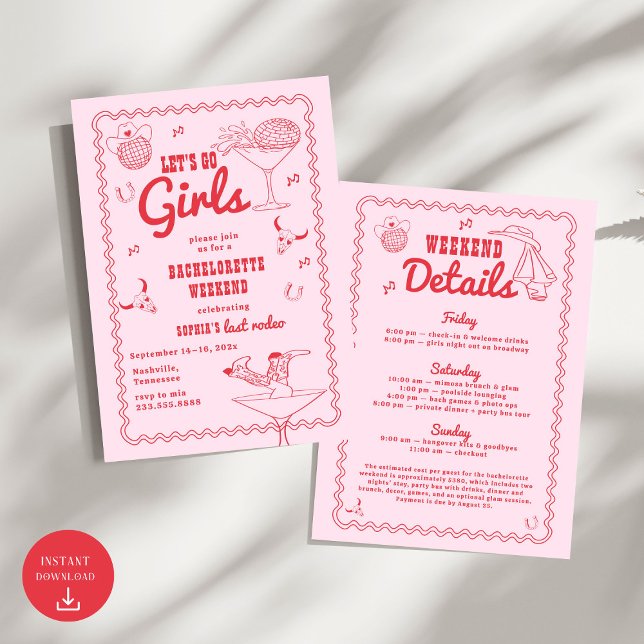 Let's Go Girls Cowgirl Pink and Red Bachelorette  Invitation (Creator Uploaded)